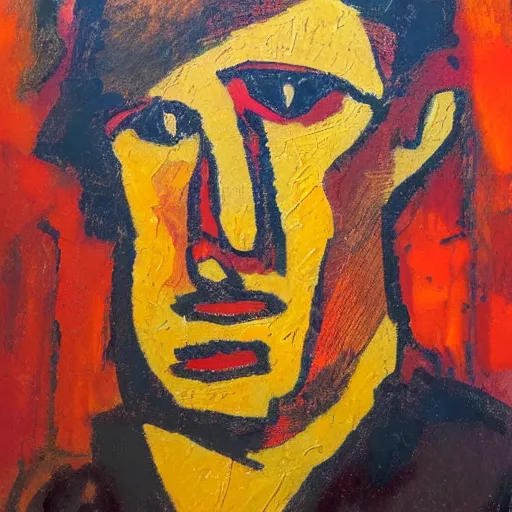 Prompt: an expressionism face portrait of a man used with Impasto, dark oranges reds and yellows, note detailed