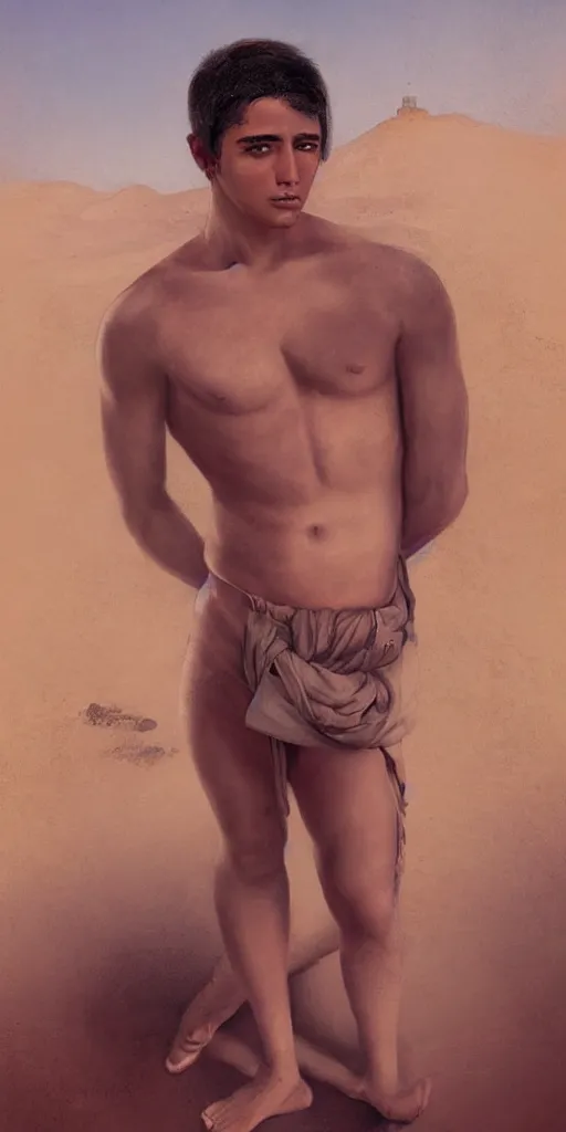 Prompt: portrait of a handsome shirtless young latino man in the mexican desert, art by manuel sanjulian and tom bagshaw