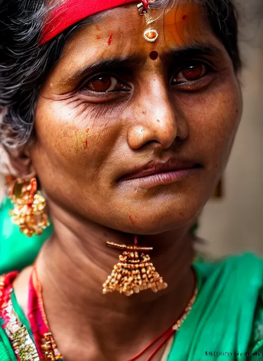 Image similar to portrait Mid-shot of an Indian woman, candid street portrait in the style of Martin Schoeller award winning