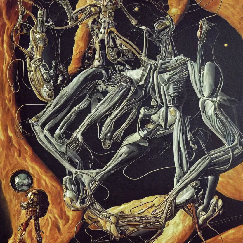 Image similar to an alien anatomy diagram of an astronaut. pulp sci - fi art for omni magazine. high contrast. baroque period, oil on canvas. renaissance masterpiece. trending on artstation. retrofuturism.