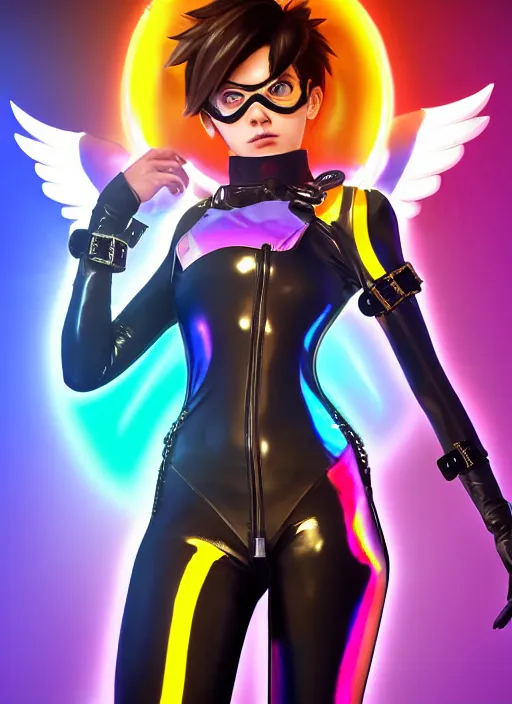 Image similar to portrait bust digital artwork of tracer overwatch, wearing iridescent rainbow latex and leather straps catsuit outfit, 4 k, expressive happy smug expression, makeup, in style of mark arian, angel wings, wearing detailed leather collar, chains, black leather harness, detailed face and eyes,