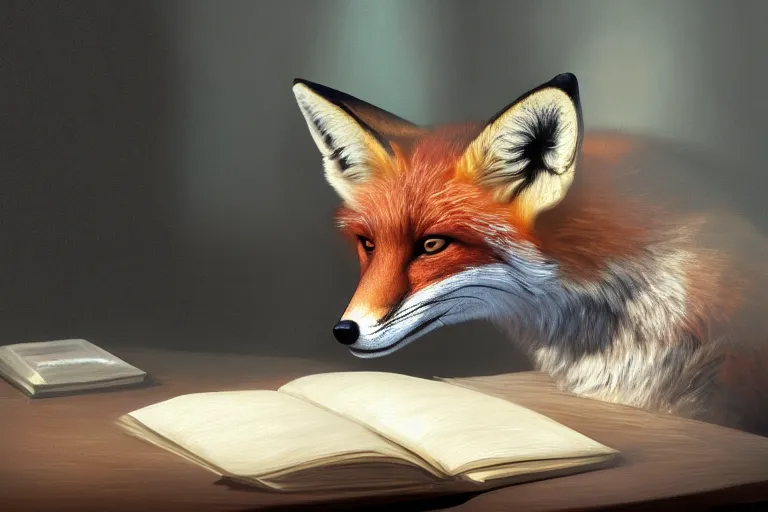 Image similar to portrait of a fox sat at a school desk doing schoolwork, trending on artstation, highly detailed, digital painting, volumetric light, concept art, middle focus, illustration, lighting by Marc Adamus, daren bader, aleksi briclot, rutkowski, bouguereau