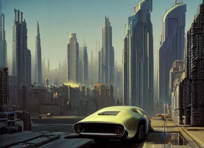 Image similar to a car driving down a street next to tall buildings the night at 9:00 am, cyberpunk art by Chesley Bonestell, cgsociety, retrofuturism, matte painting, reimagined by industrial light and magic