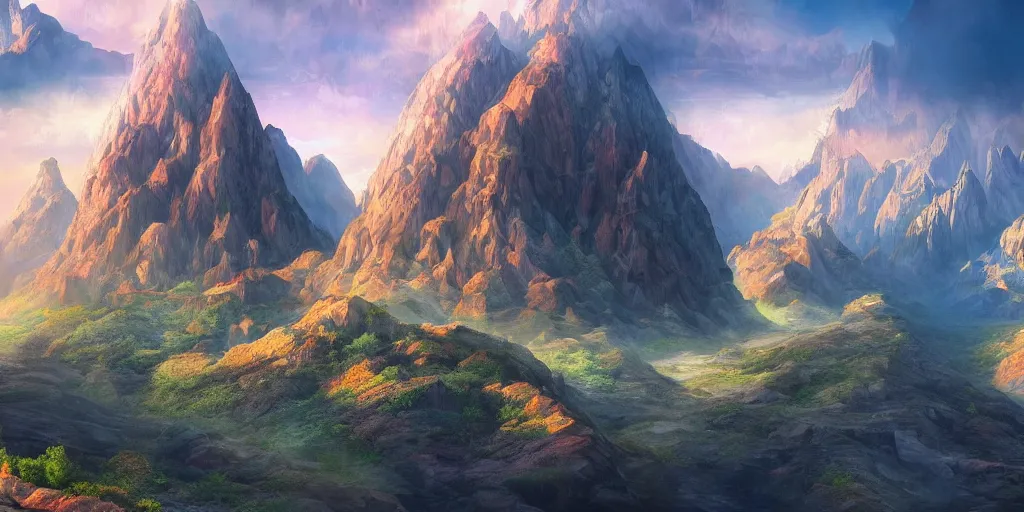 Image similar to beautiful matte painting of large mountains and canyons, fantasy