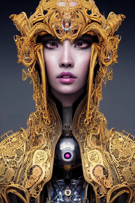 Image similar to a beautiful empress portrait, with a brilliant, impossible striking big cybernetic headpiece, cybernetic clothes, symmetrical, dramatic studio lighting, rococo, baroque, asian, hyperrealism, closeup, D&D, fantasy, intricate, elegant, highly detailed, digital painting, artstation, octane render, 8k, concept art, matte, sharp focus, illustration, art by Artgerm and Greg Rutkowski and Alphonse Mucha