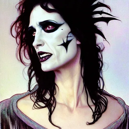 Image similar to portrait of winona ryder as death from sandman, gentle smile, by cedric peyravernay, boris vallejo, alphonse mucha, by jeremy mann, by lecouffe deharme, goth chic, soft lightning, eyeliner, punk rock, high detailed, 8 k, hyperrealism, donato giancola, joseph christian leyendecker, illustration, artgerm