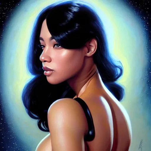 Image similar to a portrait of a very BIPOC beautiful woman in a spacesuit, brown eyes, shoulder-length black hair, Alexandria's genesis, bored, illustration, soft lighting, soft details, painting oil on canvas by mark arian by artgerm, trending on artstation, 4k, 8k, HD