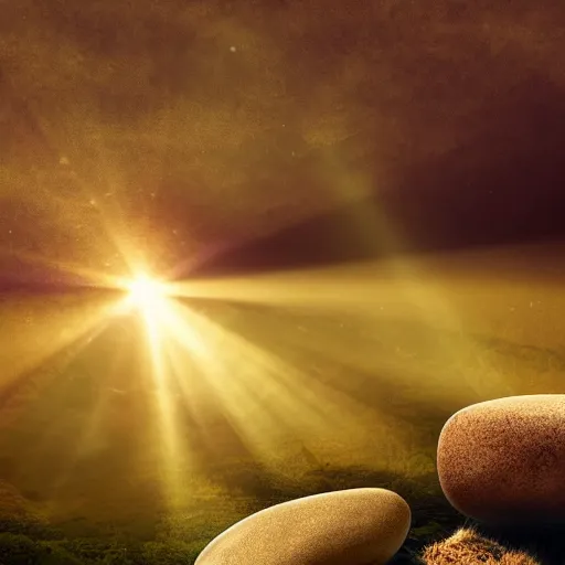 Prompt: a soulful concert as a small cute adorable pebble rock stone sings a lullaby before the heat death of the universe, wide shot, landscape, god rays, spot light, cinematic lighting, celestial, animism, so nice, so nice