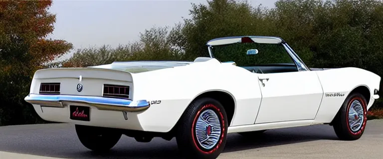 Image similar to Ermine White Chevrolet Camaro Z/28 Convertible (1967), soft top, red interior, widest shot, zoom out, created by Barclay Shaw