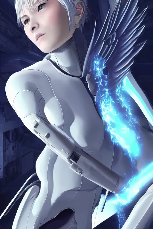 Image similar to white arc-angel with mystic robotic wings, akira, ghost in the shell, 2077, ultra detailed, digital art, 8k ,character ,realistic, portrait, hyperrealistic