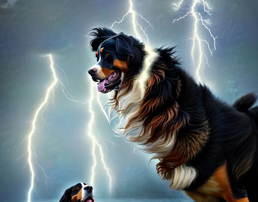 Image similar to an epic painting of a male anthropomorphic bernese mountain dog as zeus, shooting lightning bolts from his paws, by greg rutkowski, intricate details, artstation, furry, cinematic, hd, beautiful