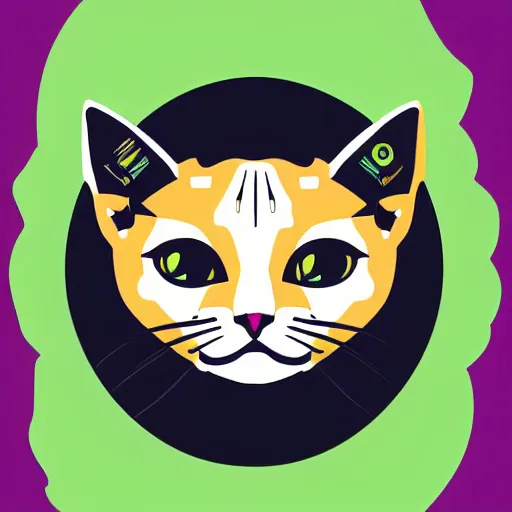Prompt: a simplified vector based illustration about a cyberpunk kitten, centred face portrait, space colors, smooth and clean vector curves, no jagged lines