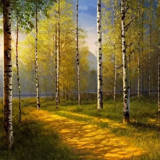 Image similar to a masterpiece detailed beautiful russian village, trees, birch, lake, golden hour, sunset, by Makoto Shinkai and Ivan Shishkin