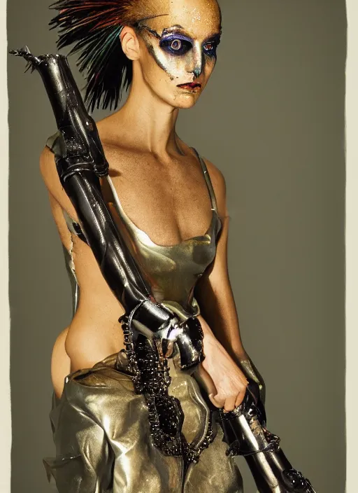 Image similar to a woman with iridescent skin, pirate weapons, by van herpen, iris