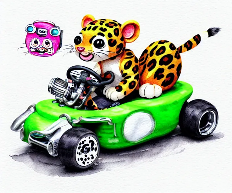 Image similar to cute and funny, baby leopard riding in a tiny go kart with oversized engine, ratfink style by ed roth, centered award winning watercolor pen illustration, isometric illustration by chihiro iwasaki, edited by range murata, tiny details by artgerm and watercolor girl, symmetrically isometrically centered