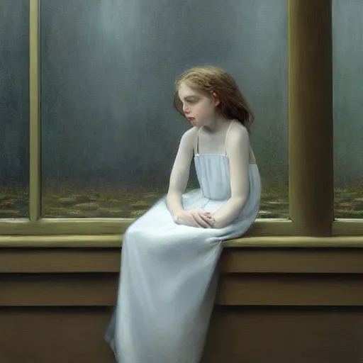 Prompt: oil painting of girl sitting in fish tank drowning alone. she is wearing a white dress and has long brown hair. by aron wiesenfeld.