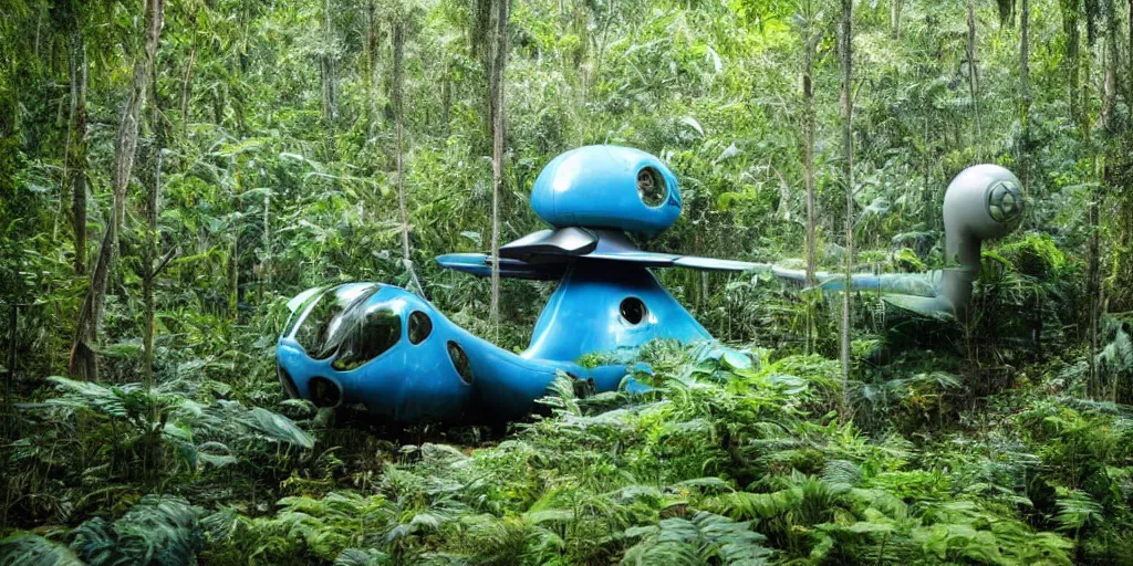 Image similar to avatar spaceship landing in the jungle, industrial maintenance shuttle vehicle, forest, jungle