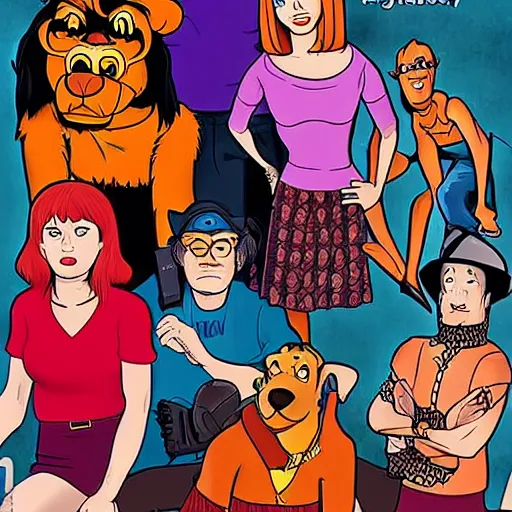 Image similar to A police lineup featuring Freddy, Daphne, Velma, Shaggy, and Scooby Doo, gritty promotional movie poster, realistic, tattoos, piercings