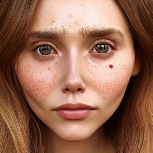 Image similar to nymph render of a very beautiful 3d elizabeth olsen, long hair, hazel eyes, cute freckles, full round face, short smile, cute sundress, golden hour, serene studio setting, medium shot, mid-shot, highly detailed, trending on Artstation, Unreal Engine 4k