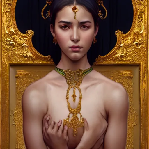 Prompt: wide angle full body portrait of harem girl, a perfect face and perfect body, thin waist, hips, intricate, single face, precious jewels, gold, highly detailed, digital painting, artstation, concept art, smooth, sharp focus, illustration, Unreal Engine 5, 8K, art by artgerm and greg rutkowski and alphonse mucha