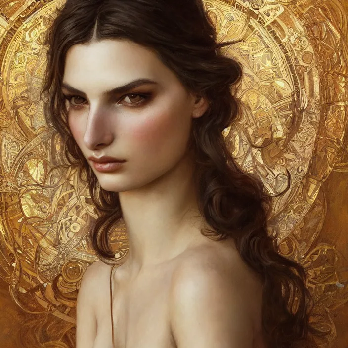 Image similar to ancient queen emily ratajkowski, diffuse lighting, fantasy, intricate, elegant, highly detailed, lifelike, photorealistic, digital painting, artstation, illustration, concept art, smooth, sharp focus, art by john collier and albert aublet and krenz cushart and artem demura and alphonse mucha