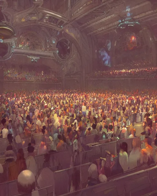 Prompt: ghibli and craig mullins digital matte art of a crowd in a futuristic church, priest, pews, ethereal, inviting, bright, unreal engine, hyper realism, realistic shading, cinematic composition, realistic render, octane render, detailed textures, photorealistic, wide shot