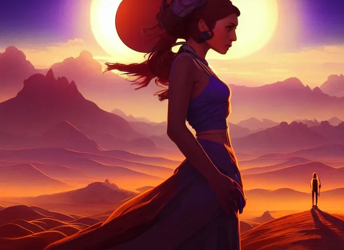 Prompt: science fiction pc game point - and - click adventure, daedalic entertainment, desert with city in the skyline, two suns, purple orange colors, sharp focus, illustration, highly detailed, digital painting, concept art, matte, art by wlop and artgerm and greg rutkowski and alphonse mucha, masterpiece