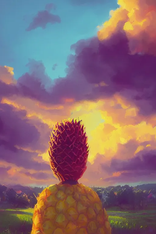 Prompt: closeup, gigantic pineapple head, girl surrounded by djungle, surreal photography, golden hour, colorful clouds, impressionist painting, digital painting, artstation, simon stalenhag