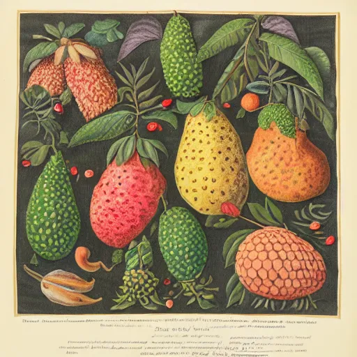 Image similar to a lumpy fruit full of seeds covered with tiny hairs, maria sibylla merian