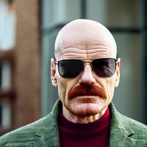 Image similar to Bald Bryan Cranston with a mustache and with aviators and a grey beanie while wearing a black turtleneck and plaid green blazer with golden chains around his neck, Realistic, Hyperrealistic, HD Quality, 4k Resolution, 8k Resolution, Detailed, Very Detailed, Highly Detailed, Studio Quality Lighting, Real Life, Portrait, Photograph