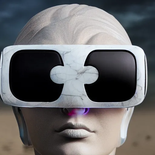 Image similar to the head of a marble cybernetic lady justice statue wearing a virtual reality headset on ground covered in sand, cyberpunk background, highly detailed, epic lighting, hyper photorealism, 8 k