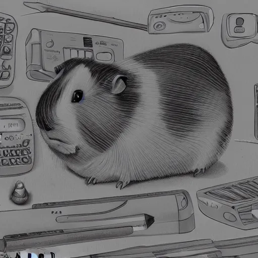 Image similar to guinea pigs working on tiny computers, pencil drawing, detailed, hyper-detailed, in the style of Wanda Gág