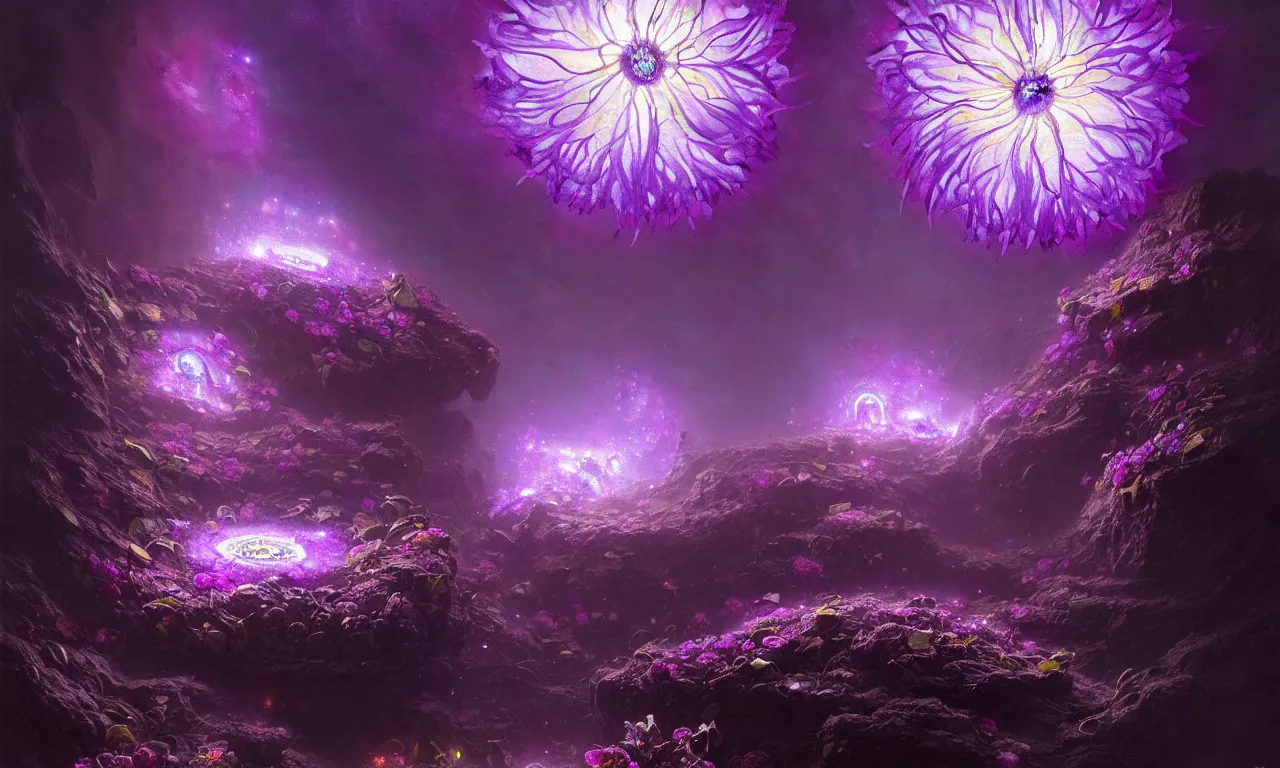 Image similar to artstation photo of a purple bioluminescent flower growing underground, shiny colorful, hyperdetailed, artstation trending, world renowned artists, flower artworks society, floral renewal, cgsociety, by greg rutkowski, by Gustave Dore, Deviantart