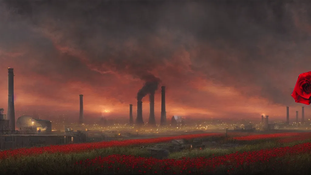 Image similar to super wide, big scene, a beautiful painting of a factory with smoking chimneys, red rose fields, dark style, little roses, very detailed, soft light effect, by thomas wrede and greg rutkowski and thomas heatherwick, 4 k hd, trending on artstation ， ultrawide viewn and highly detailed