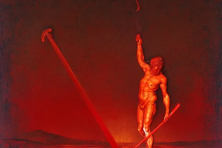 Image similar to only with red, a red melted apollo with a laurel wreath and a flaming sword announce win, athens in background, in the style of beksinski, parts by edward hopper, parts by rodcenko, parts by yue minjun, intricate and epic composition, red by caravaggio, insanely quality, highly detailed, masterpiece, red light, artstation, 4 k