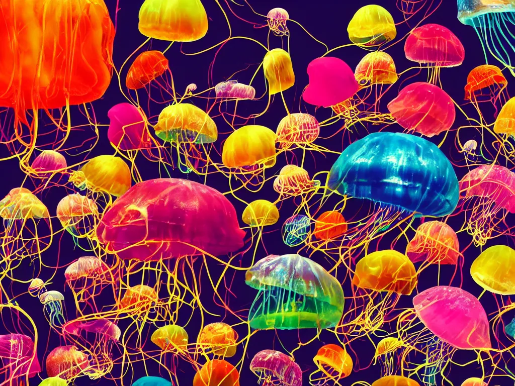 Image similar to hamburger mix jellyfish, sharp focus, 8 k, cg, style by andy warhol,