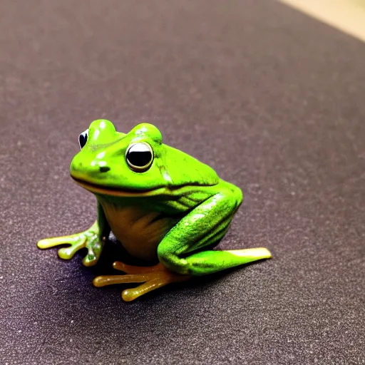 Image similar to a small frog standing on two feet at the hotel reception entry, storybook style