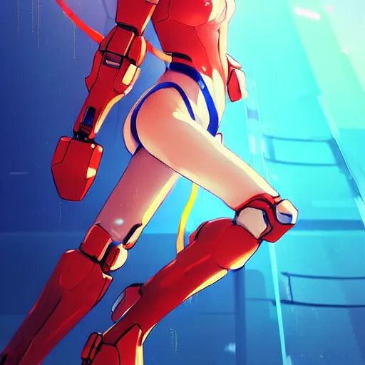 Image similar to digital anime art, wlop, rossdraws, sakimimichan, very small cute girl standing on a large table, red mech arms and red mech legs,