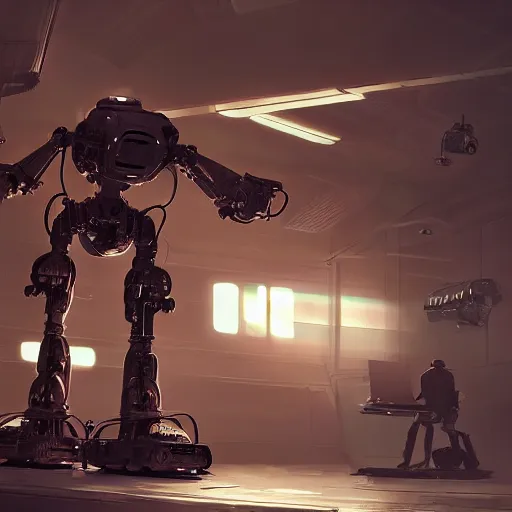 Image similar to scifi hard surface robot getting programmed with computer by eddie mendoza,