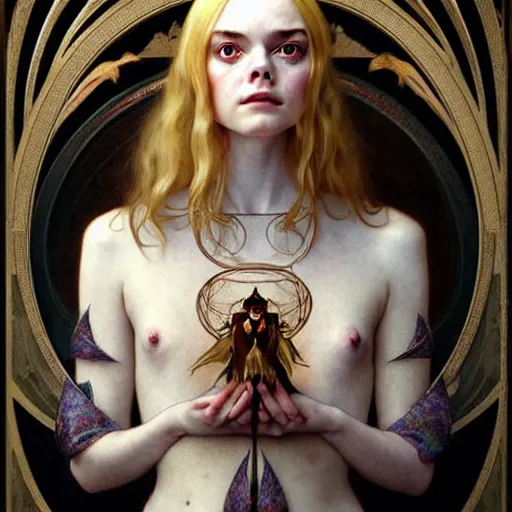 Image similar to symmetry!! portrait of elle fanning in prey in the world of hieronymus bosch, horror, fashion, dark!! intricate, elegant, highly detailed, digital painting, artstation, concept art, smooth, sharp focus, illustration, art by artgerm and greg rutkowski and alphonse mucha