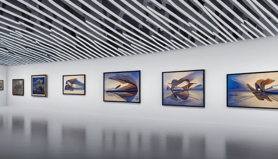 Prompt: interior futuristic art gallery wide angle highly detailed by santiago calatrava, three wall hanging paintings famous pieces by dali!, captivating 8 k hdr, octane render godrays hyperrealism