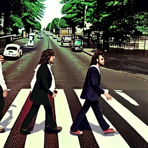 Prompt: 4 men walking on crosswalk on abbey road, city, 8 k.
