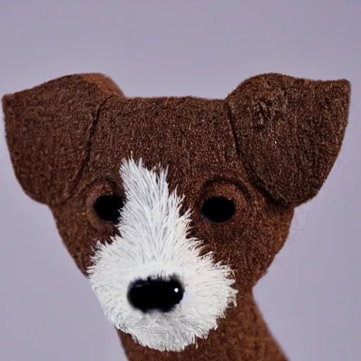 Image similar to a high quality sculpture of a very cute scruffy wire haired jack russell terrier puppy, white with chocolate brown spots, brown patches over both eyes. friendly, curious expression