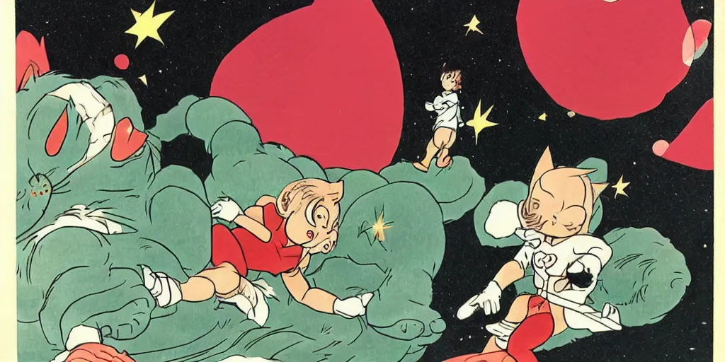 Image similar to astroboy riding a big maine coon cat, [ osamu tezuka ]