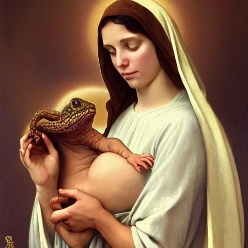 Prompt: the virgin mary holding a reptile, no baby, no baby, highly detailed, digital painting, concept art, smooth, sharp focus, illustration, surrealist, absurd, humorous, photoshop, art by artgerm and greg rutkowski and alphonse mucha