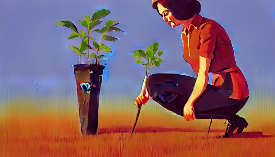 Prompt: stylized farmer woman bending down planting a seed in the ground, limited neutral palette, by petros afshar, anton fadeev, dean ellis, beautiful graphic full body portrait, propaganda poster art 1 9 7 0 s illustrated advertising art, painterly character design