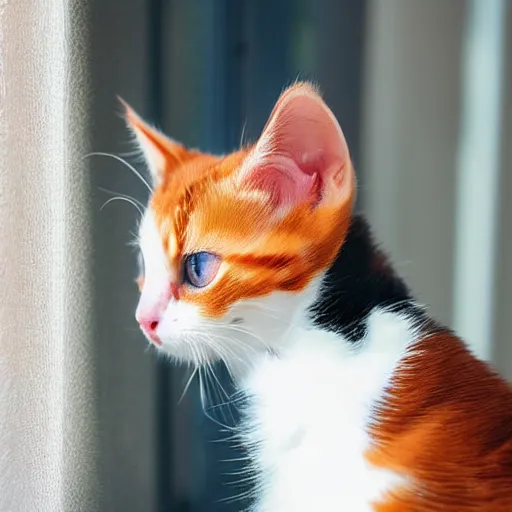 Image similar to cute calico kitten looking out of the window on a [ [ [ [ beautiful ] ] ] ] summer day, profile shot, featured on artstationg, gorgeous!!!