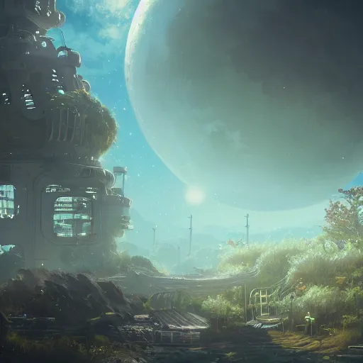 Image similar to overgrown moon colony atmospheric, kodak, fuji film, photoreal, 12k ursa, volumetric light, cinematic photograph concept art, intricate, artstation, studio ghibli, eddie mendoza, james chadderton