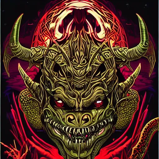 Image similar to barong family member, wiwek, mara demon, one single tribe member, jungle, one single mask, dark, ancient warrior, snake, lizard, alien, predator, dragon, devil, satan, diablo, tribal, exorcist, priest, angel, god, inner glow, art by dan mumford and justin gerard