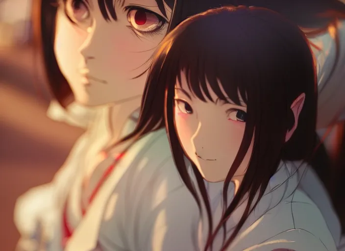 Image similar to a film still portrait of a very beautiful girl, finely detailed features, closeup at the faces, perfect art, at a market, night time,, gapmoe yandere grimdark, trending on pixiv fanbox, painted by greg rutkowski makoto shinkai takashi takeuchi studio ghibli, akihiko yoshida